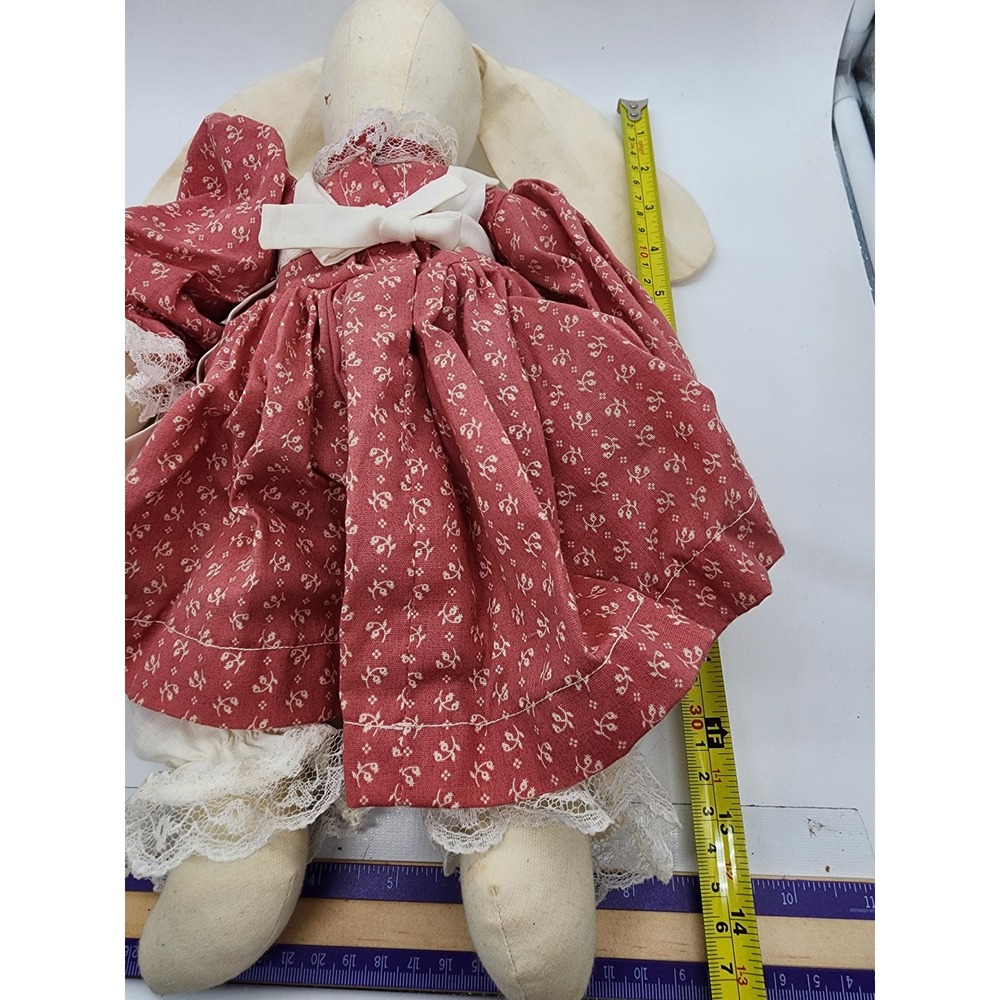 Vintage Handmade Primitive Rag Doll Bunny Rabbit Red Floral Dress Lace Trim 20in - Picture 9 of 9